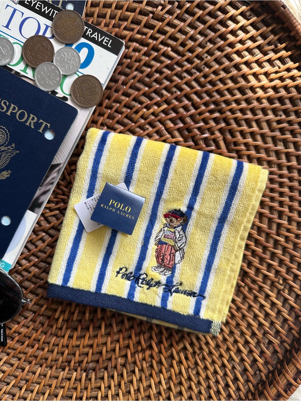 Polo Ralph Lauren Japan Yellow & Blue Striped Bear Handkerchief Hand Towel New